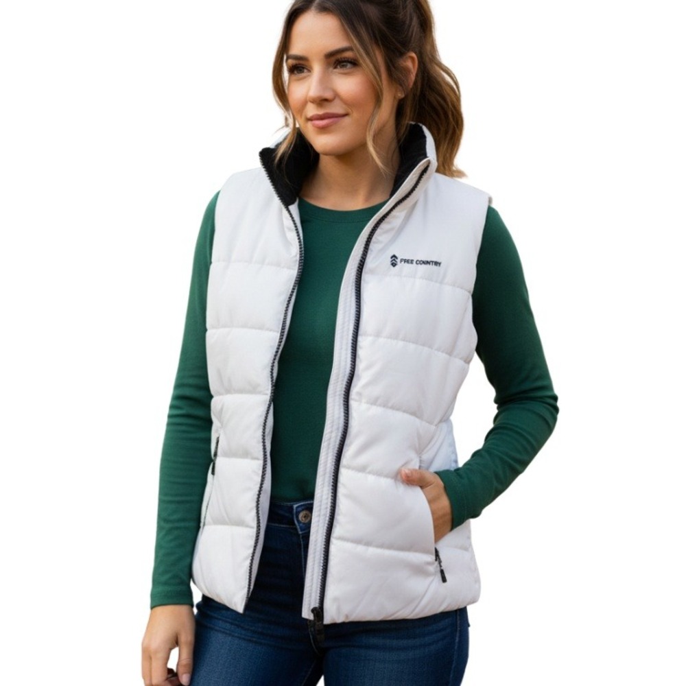 Free Country Womens Puffer Vest White Full Zip Stand Collar Quilted Padded Gilet